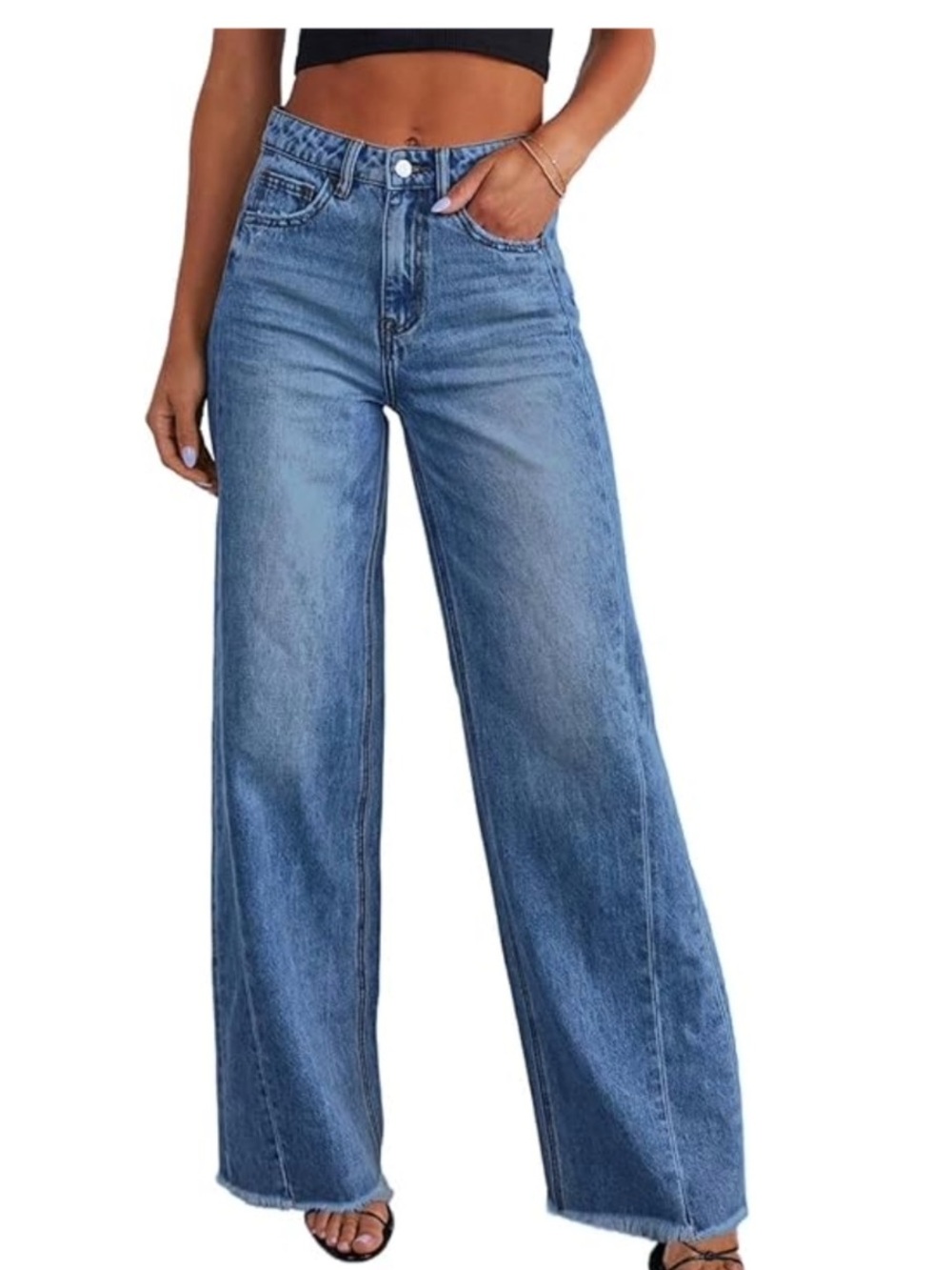 Sidefeel Wide Leg High-Rise Blue Jeans Raw Hem Soft/Stretchy